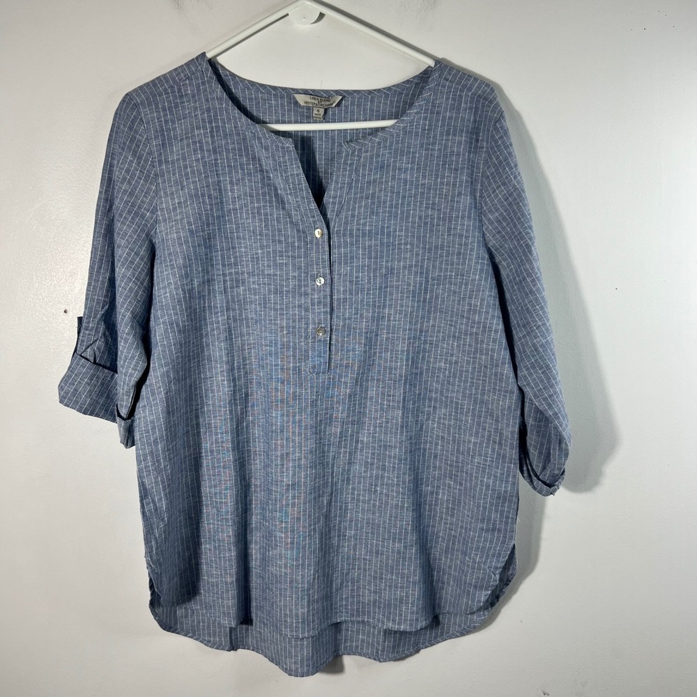 Hester & Orchard Linen Blend 1/2 Button Striped Tunic Pullover Blue White S